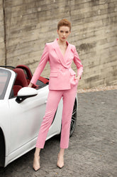 Pink V-neck Double Breasted Pantsuit - FashionByTeresa